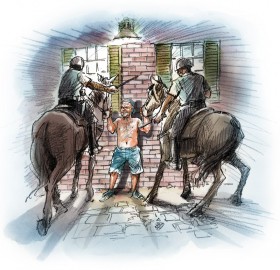 Rathbun turned his rancor on the New Orleans Police, whereupon the ofﬁcers
likewise followed procedure, closing in on the drunk and pinning him to the wall with horses specially trained for crowd control.